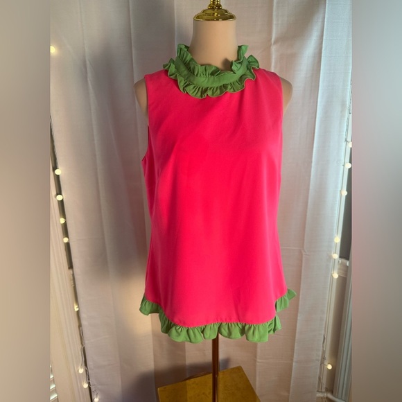 STS Double Ruffle Green Trim Pink Sleeveless Ruffled Blouse - Picture 1 of 9